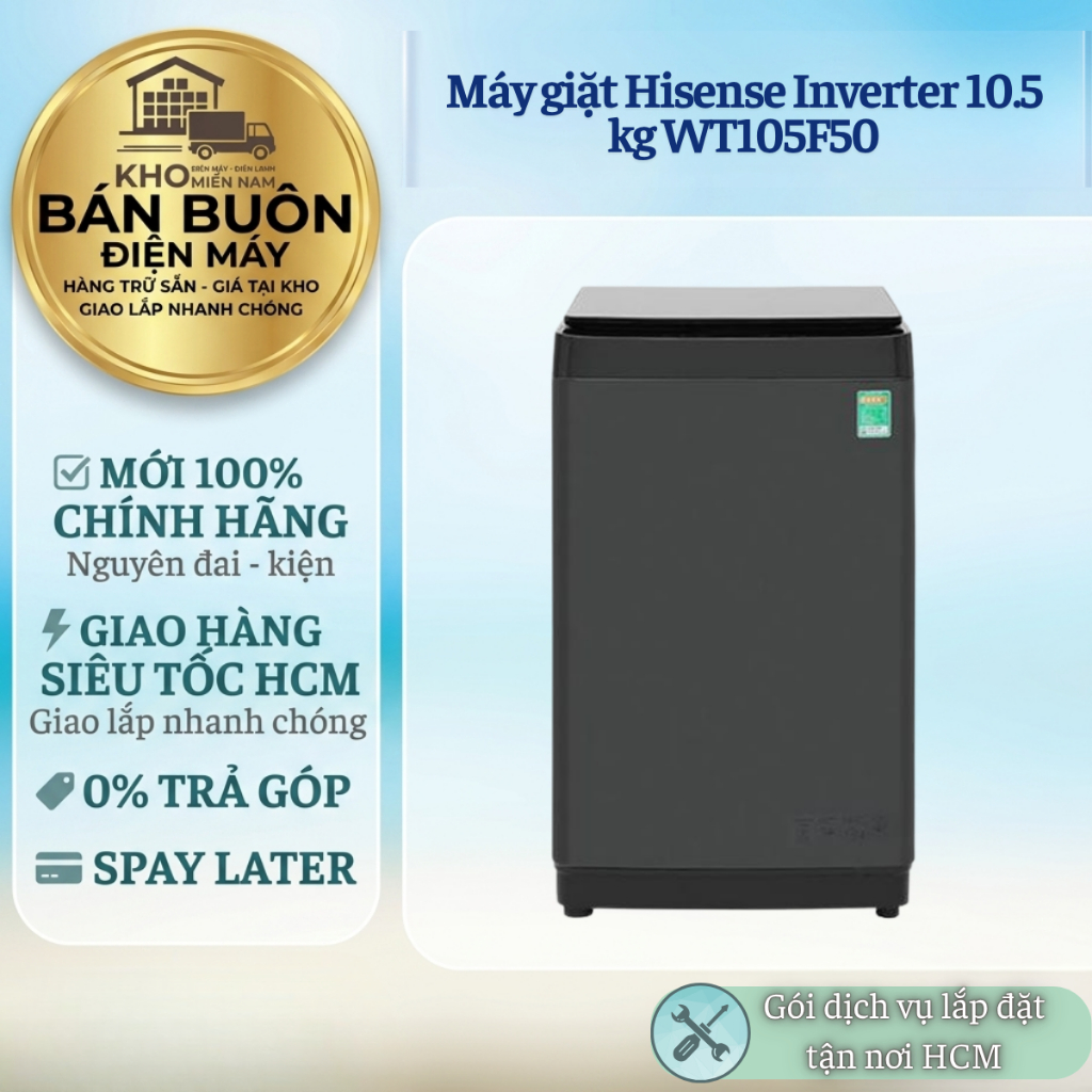 WT105F50 Máy giặt Hisense Inverter 10.5kg – AI One Touch, Turbo Wash, lồng giặt ngôi sao WT105F50