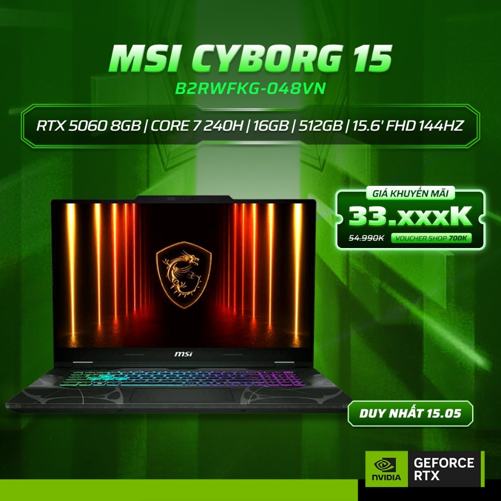 Laptop MSI Cyborg 15 B2RWFKG-048VN  GeForce RTX™ 5060 8GB / Chip Core 7 240H / 16GB / 512GB