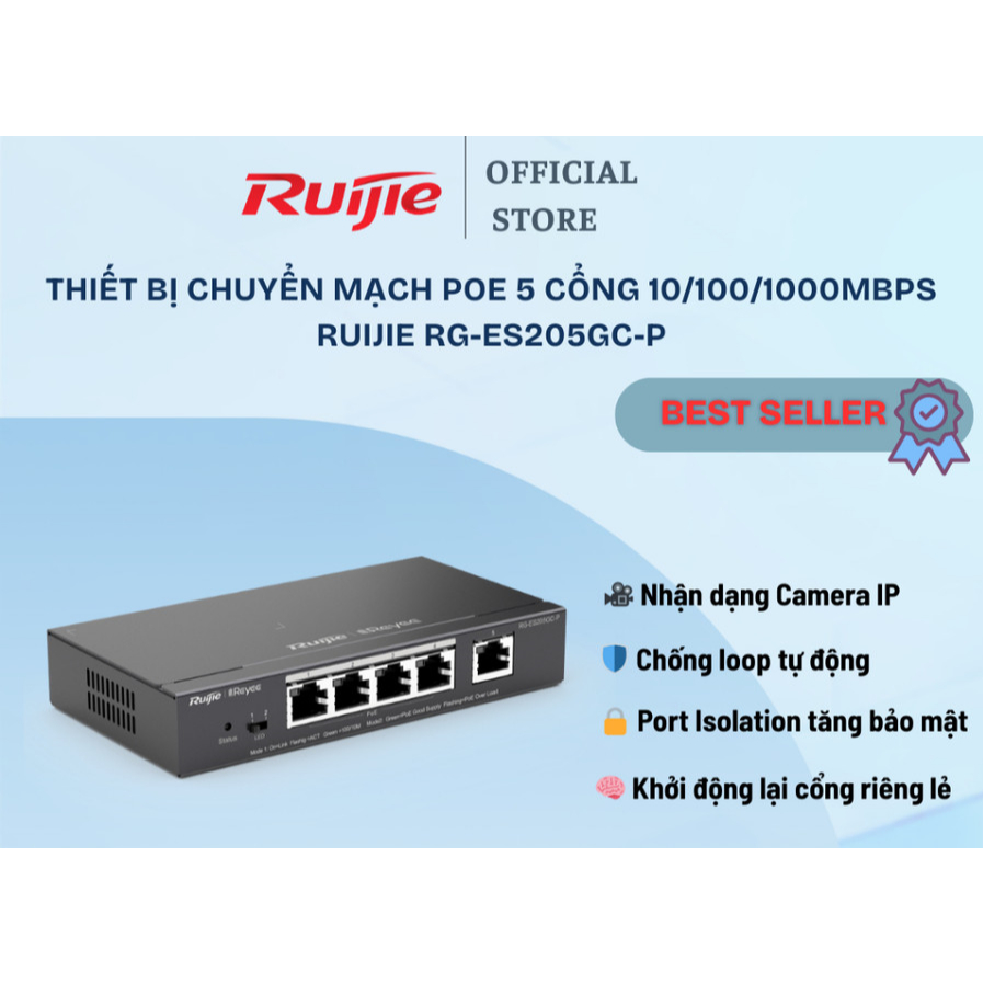 SWITCH POE 5 CỔNG RUIJIE RG-ES205GC-P - Tốc độ chuyển mạch 10Gbps, MAC 2K, Tích hợp Web management, 