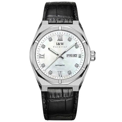 Đồng hồ nam chính hãng I&W Carnival 751G-D14,Mặt trắng dây da ,Kính sapphire,Chống nước 50m,Máy Cơ Automatic