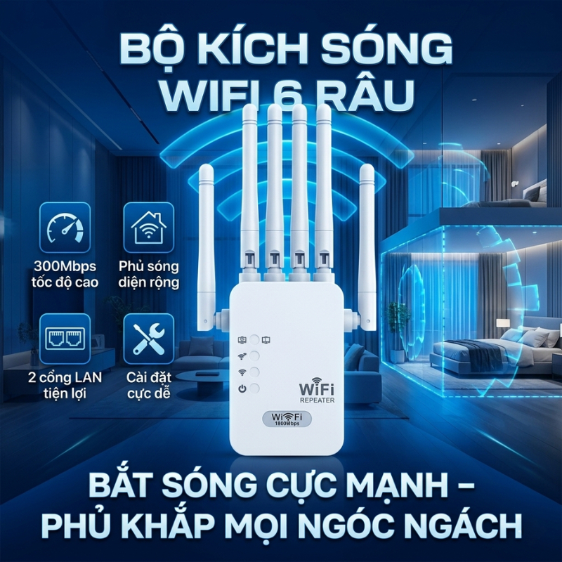 Bộ Kích Sóng Wifi 6 Râu 300Mbps - Wifi Repeater Xuyên Tường Mạnh, Phủ Sóng Xa