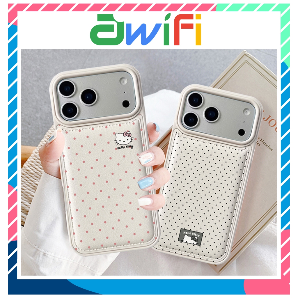 Ốp Lưng iPhone Da Nổi Viền Chỉ Kitty Chấm Bi 6/6plus/7/8/plus/x/xs/11/12/13/14/15/16/17/pro/plus/pro