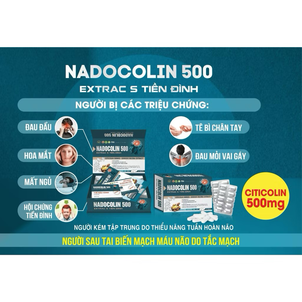 Nadocolin 500 | Bổ Não – Hoạt Huyết Não Citicoline 500mg + Ginkgo Biloba – Giảm Đau Đầu, Chóng Mặt