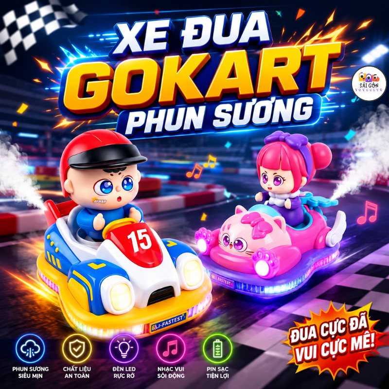 Đồ Chơi Xe Đua GoKart Phun Sương Có Đèn LED Âm Nhạc Xe Điện Mini Tự Né Vật Cản Cho Bé Trai Bé Gái Cự