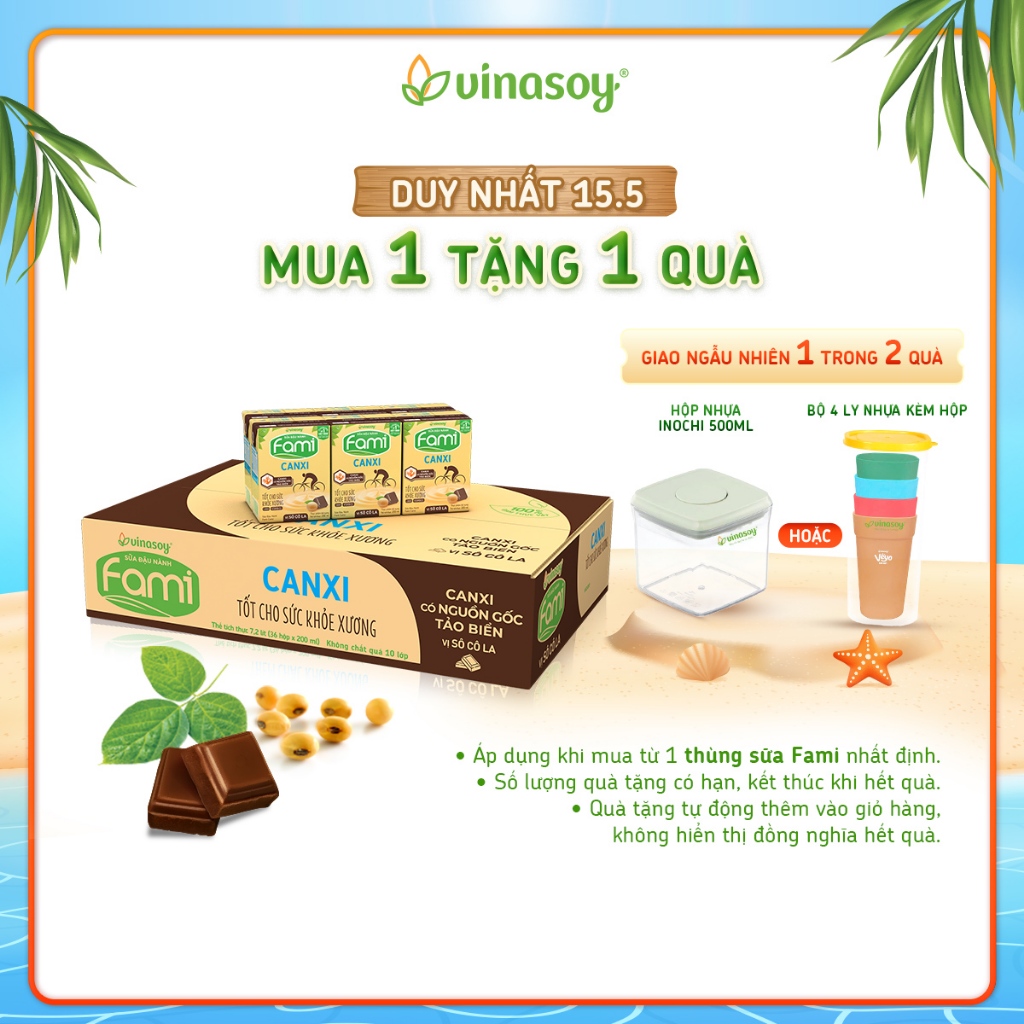Thùng sữa đậu nành Fami Canxi Vị sô cô la hộp (36 hộp x 200ml)