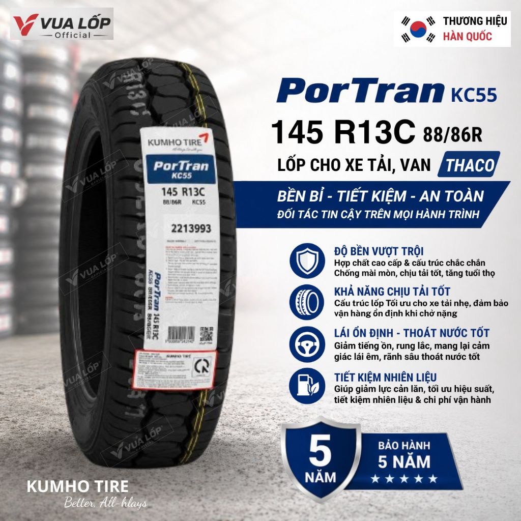 Lốp KUMHO 145R13C 88/86R KC55 - Lốp xe tải, van Thaco Lốp mới Giá tốt nhất (Bảo hành 5 năm)