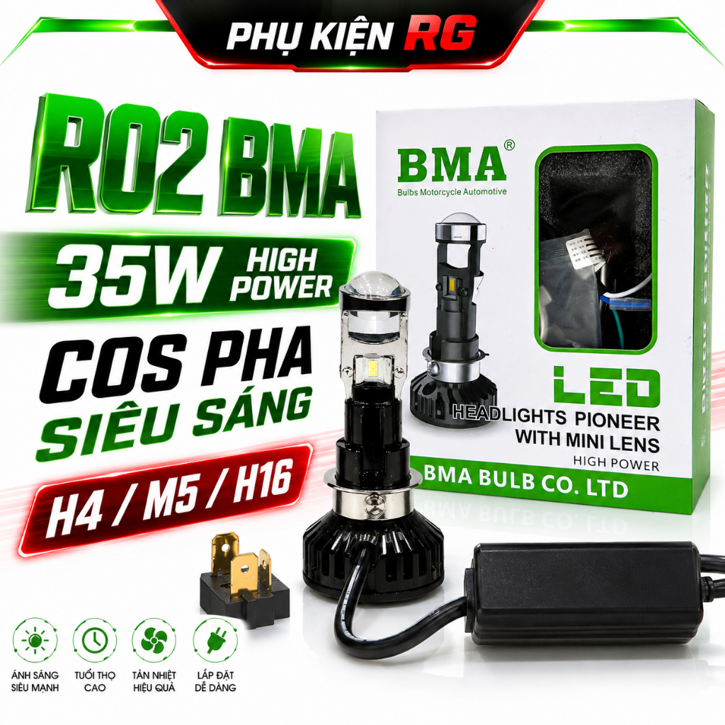 Đèn Pha Bi Cầu BMA M8C - 35W Chân H4 / M5 / H16 – Đèn Pha Led Bi Cầu Mini R02 BMA Ánh Sáng Trắng Gắn