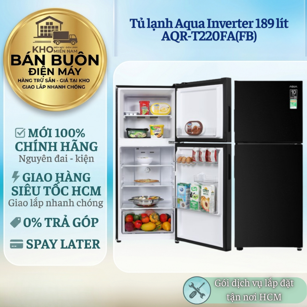 Tủ lạnh 2 cánh Aqua Inverter 189 lít ngăn đông trên AQR-T220FA(FB)
