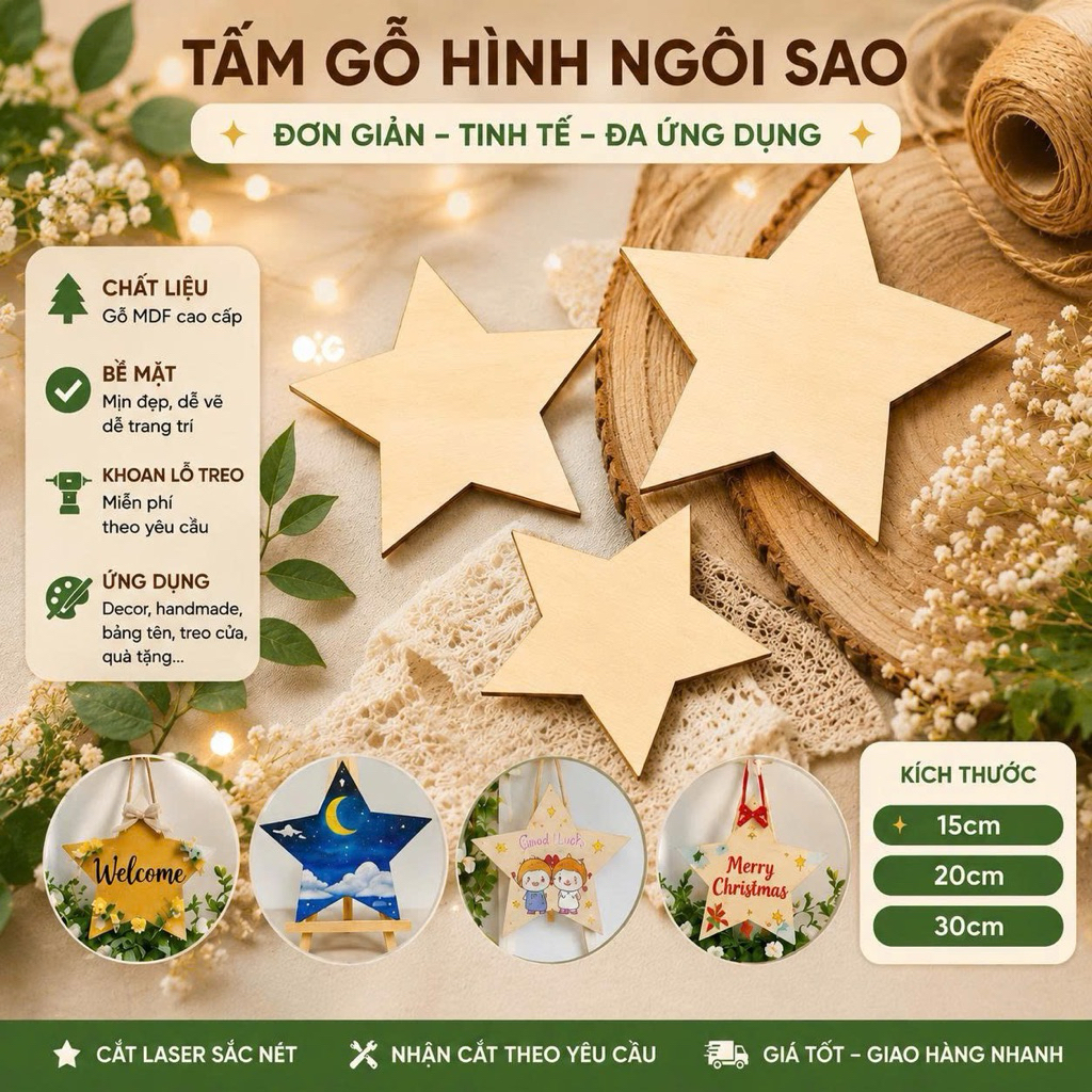Tấm Gỗ Hình Ngôi Sao & Trái Tim 15cm - 30cm - Gỗ Plywood Cao Cấp Decor Handmade DIY