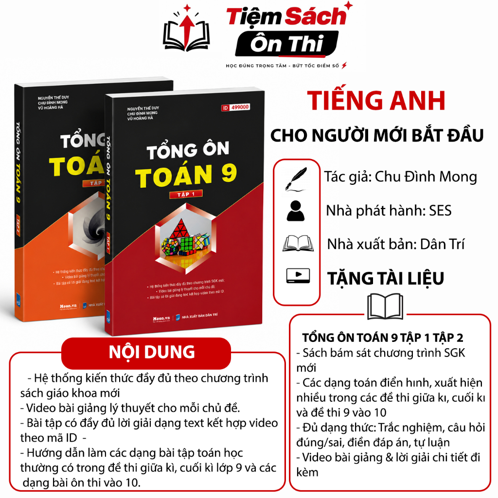 Sách tổng ôn Toán 9 tập 1 & 2 Chương trình mới : Sách toán 9 ôn thi vào 10 - Moonbook
