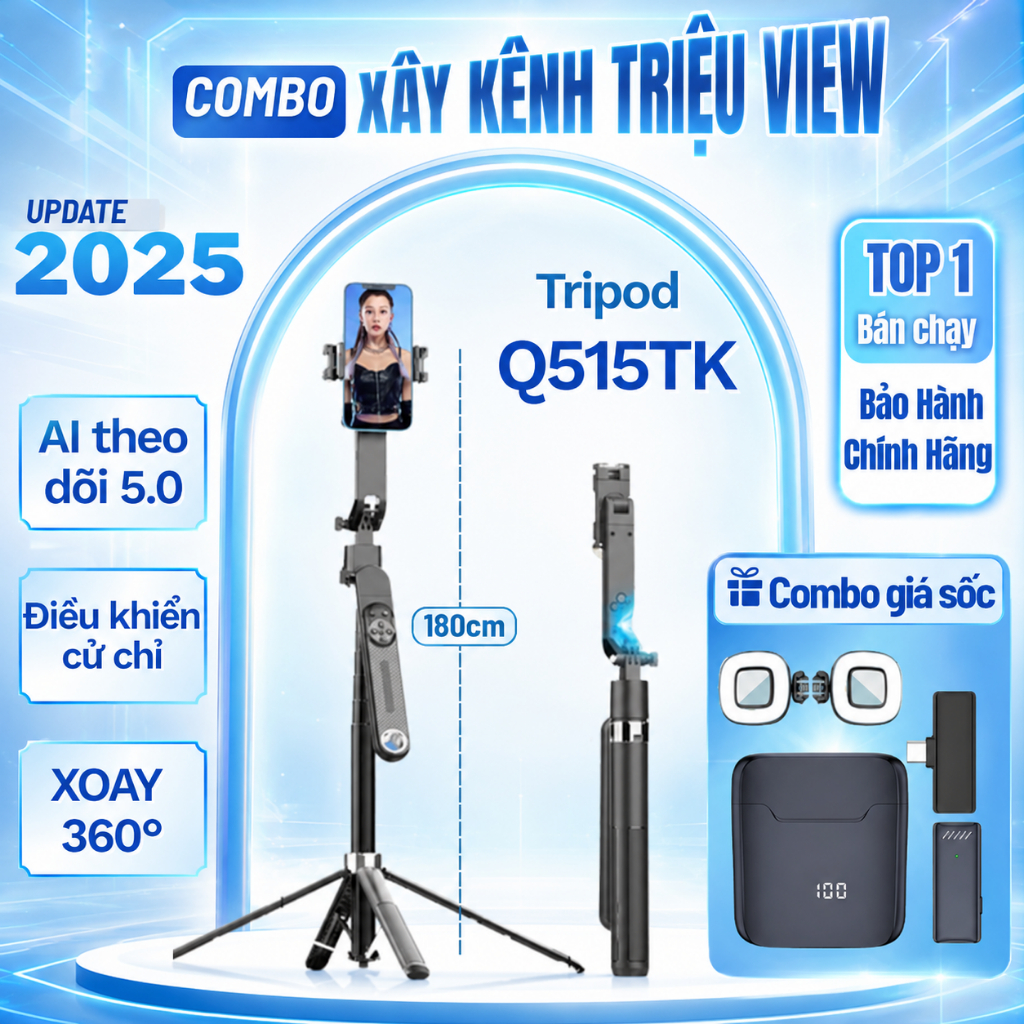 Gậy chụp ảnh 4 chân Q515TK bản 2026, Gimbal AI di chuyển theo khuôn mặt kéo dài 1m8 xoay 360 độ