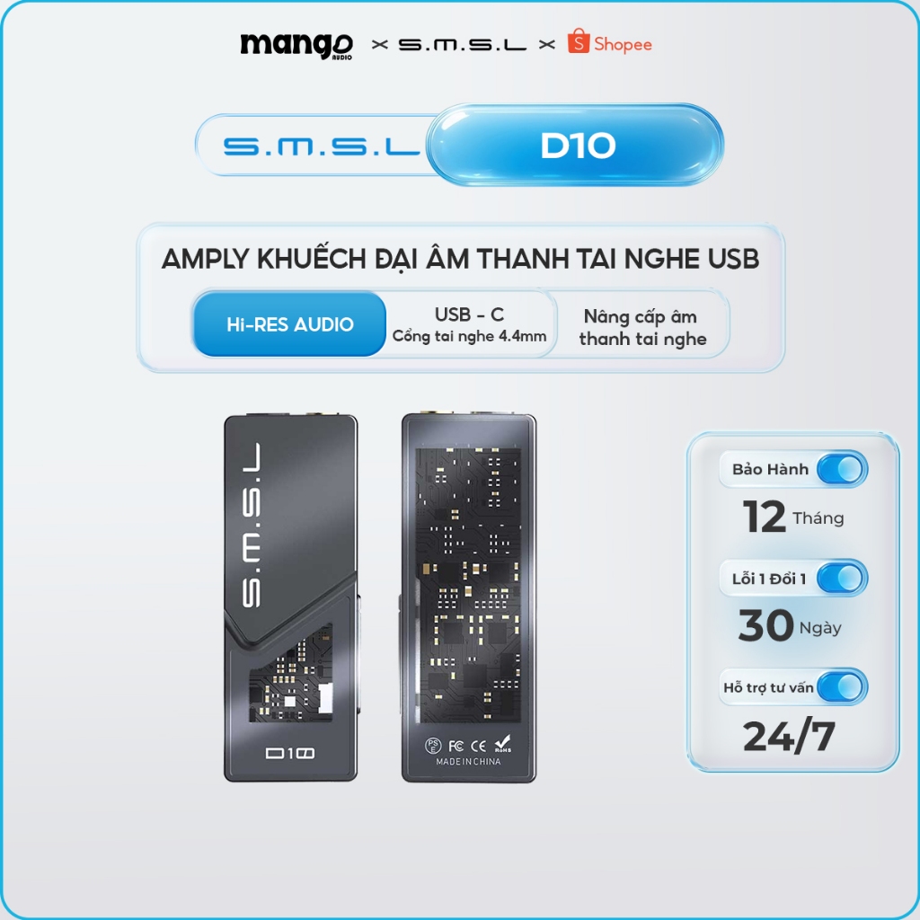 Bộ Giải Mã DAC/Amp SMSL D10 - Giải Mã Âm Thanh Hi-Res 32Bit/384kHz, Khuếch Đại Tai Nghe Mini Cho Điệ