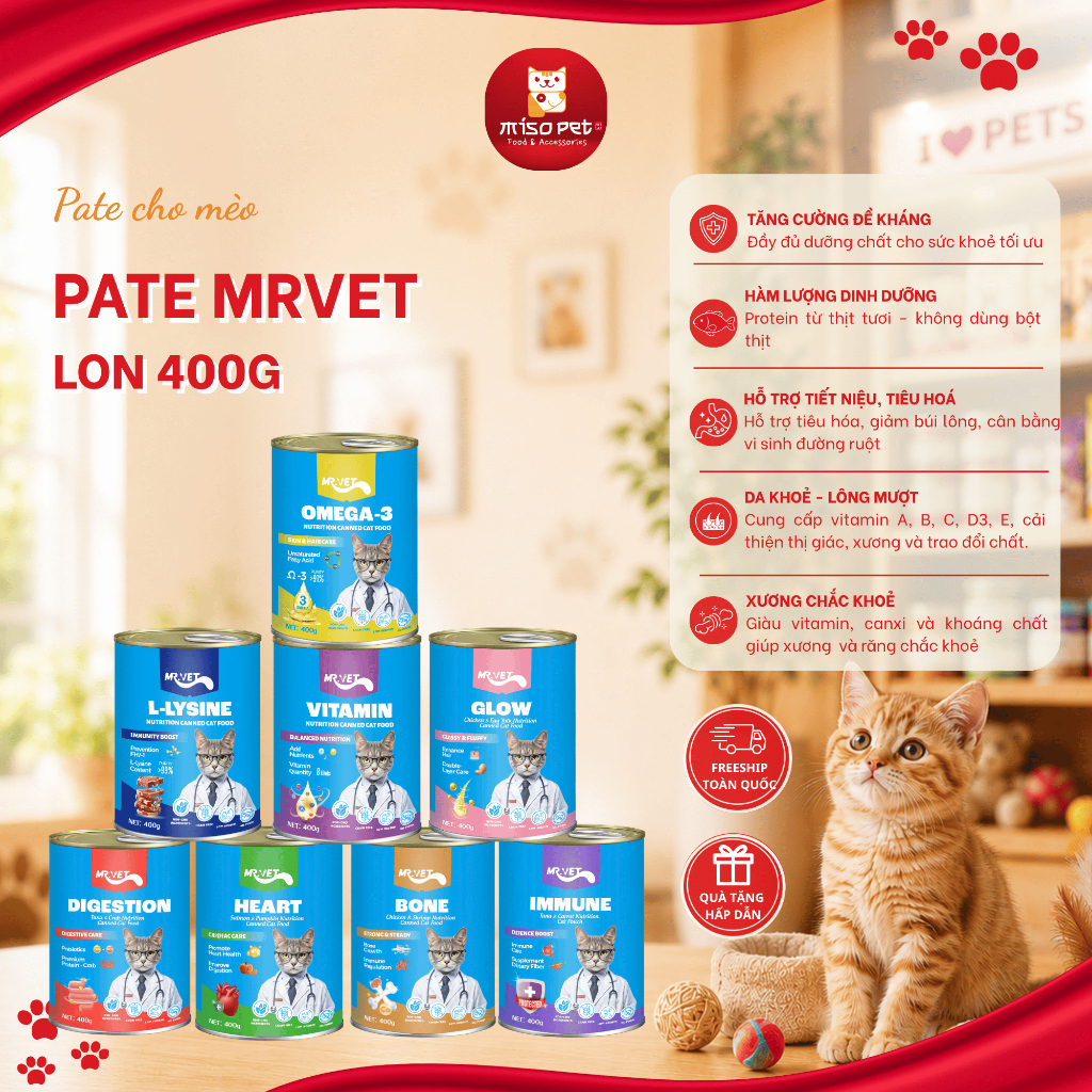 [COMBO 6] Pate Mrvet Dạng Lon, Pate Cho Mèo Mrvet 400g - Dưỡng Lông Mượt, Bổ Sung Vitamin, Hỗ Trợ Ti