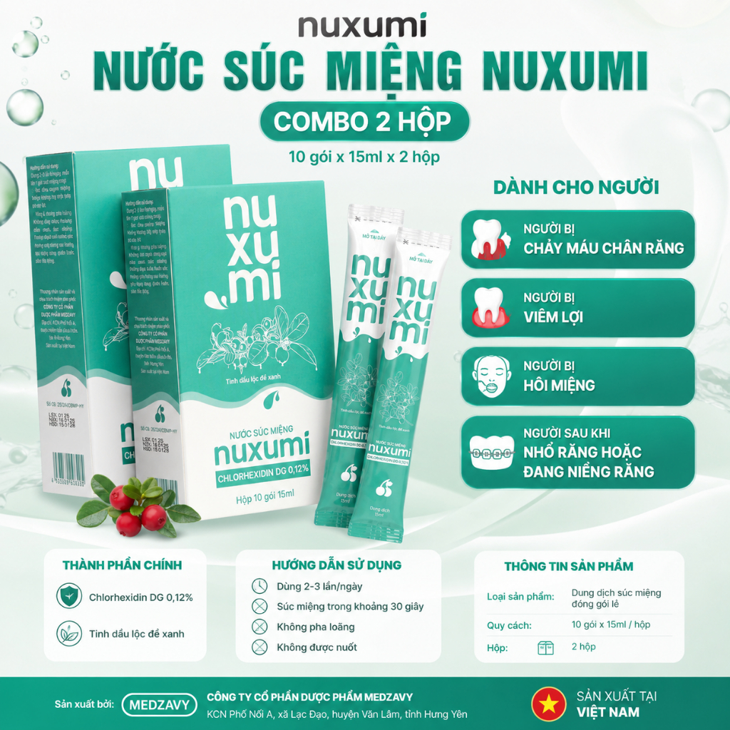 Combo 2 Hộp NUXUMI Chlorhexidin 0.12% Nước Súc Miệng Không Cồn Giảm Hôi Miệng – 20 Gói 15ml