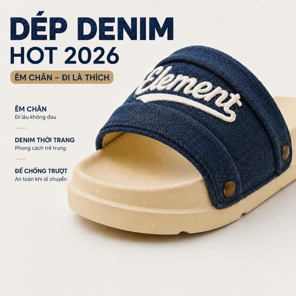 E18 Dép Elements vải jean đế bằng nam nữ (Slipper) Dép ELements Iconic Denim Unisex chữ thêu - E18T