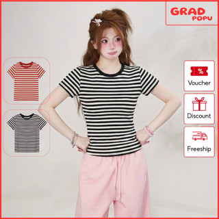 Áo thun nữ tay ngắn GRADPOPU cổ tròn sọc retro, áo cộc tay nữ dáng ôm phong cách thường ngày AT04