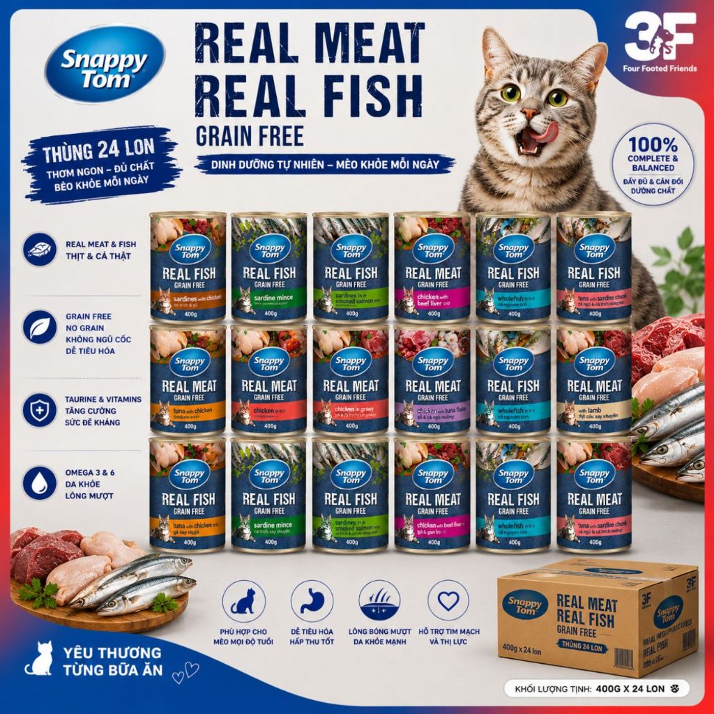 Thùng 24 Lon Pate Mèo Snappy Tom Real Fish Cá Trích 400g | 60% Cá Thật | Mèo Trưởng Thành | 3F Store