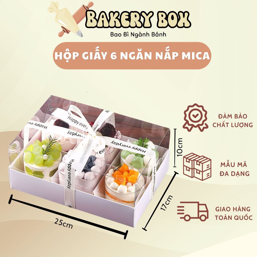 10 Hộp Giấy 6 Ngăn Nắp Nhựa Trong Đựng Bánh Ngọt Mix, Bánh Kem, Bánh Cupcake - BAKERY BOX