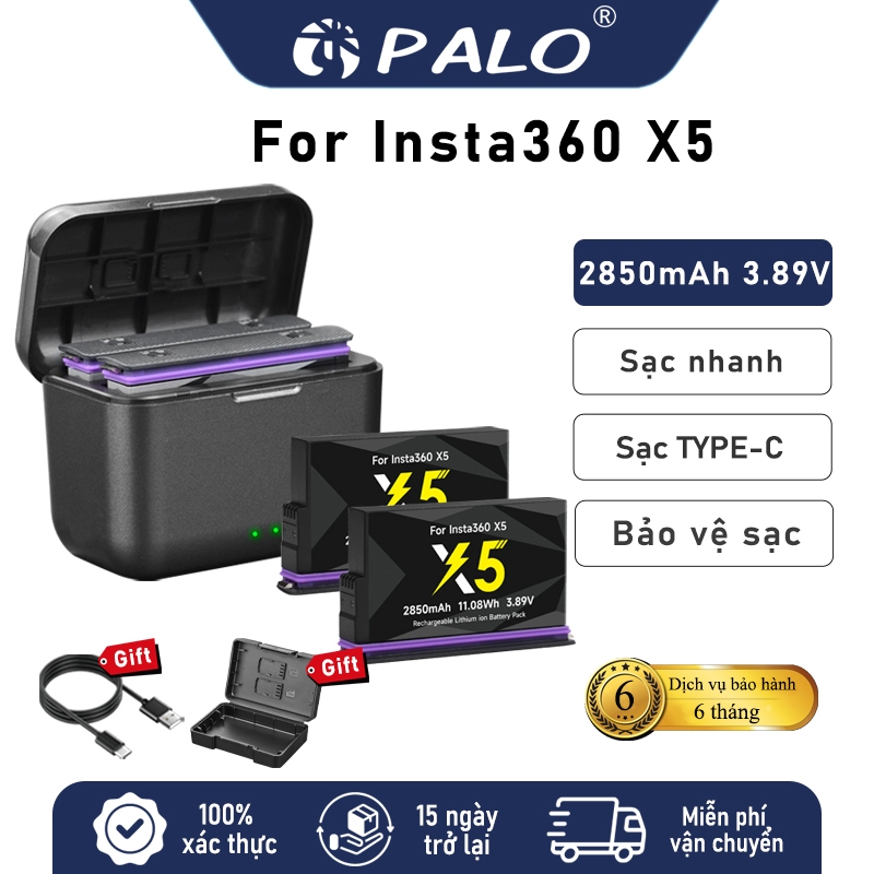 PALO Bộ 2 Pin + Sạc Đôi Insta360 X5 2850mAh Sạc nhanh cho camera Insta360 X5