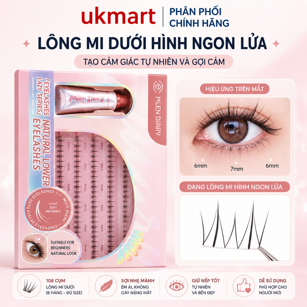 Mi Dưới Gân Trong Kèm Keo Dán Mi Mlen Diary Tạo Hiệu Ứng Mắt To Tròn, Mi Tái Sử Dụng MLEN DIARY