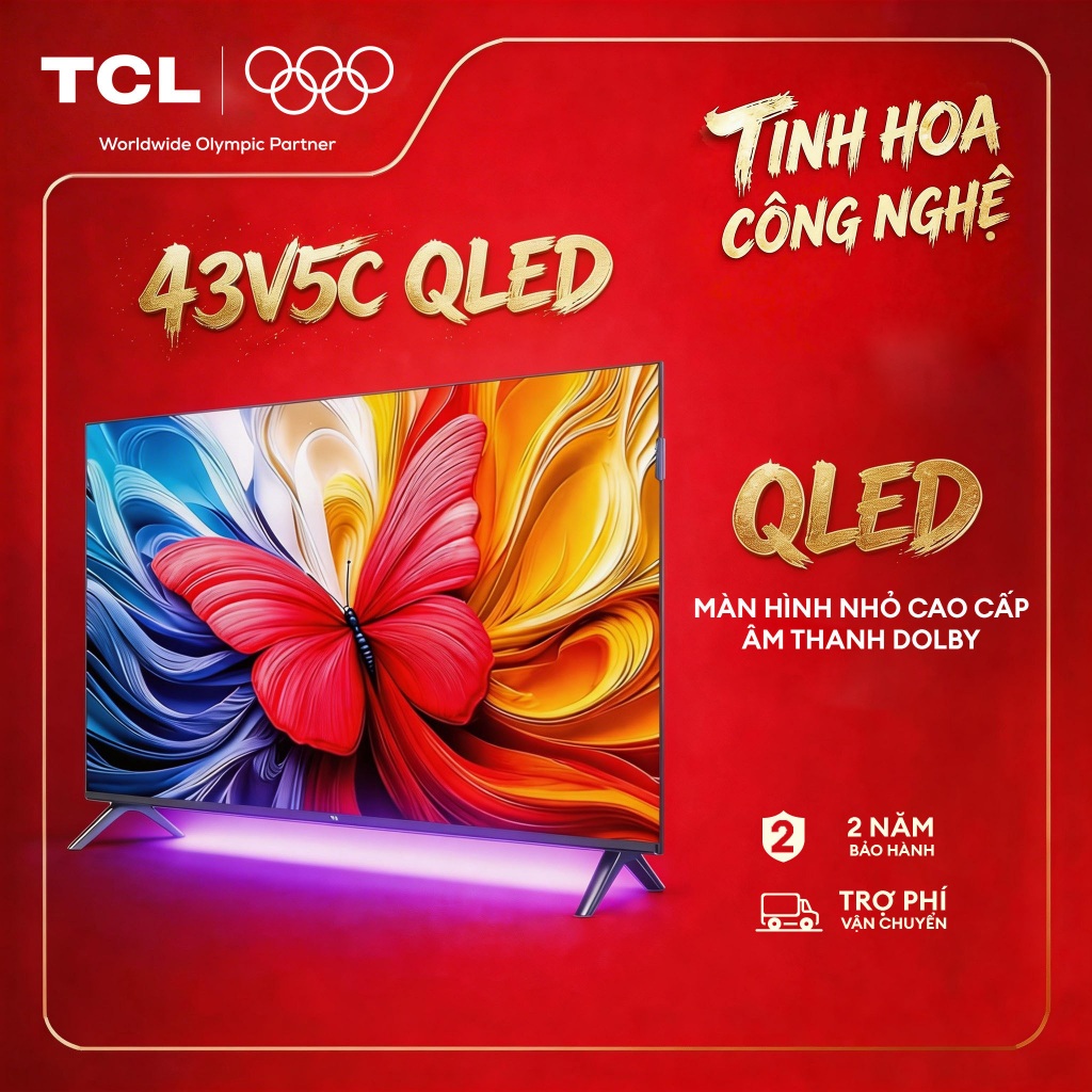 【QLED】43inch - Smart Google TV TCL 43V5C - Tấm nền HVA - Tần số quét 60Hz - Dolby Atmos - Bảo Hành 2