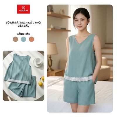 Bộ đồ mặc nhà nữ CARDINA chất liệu đũi sát nách cổ V phối viền gấu 6BDN06