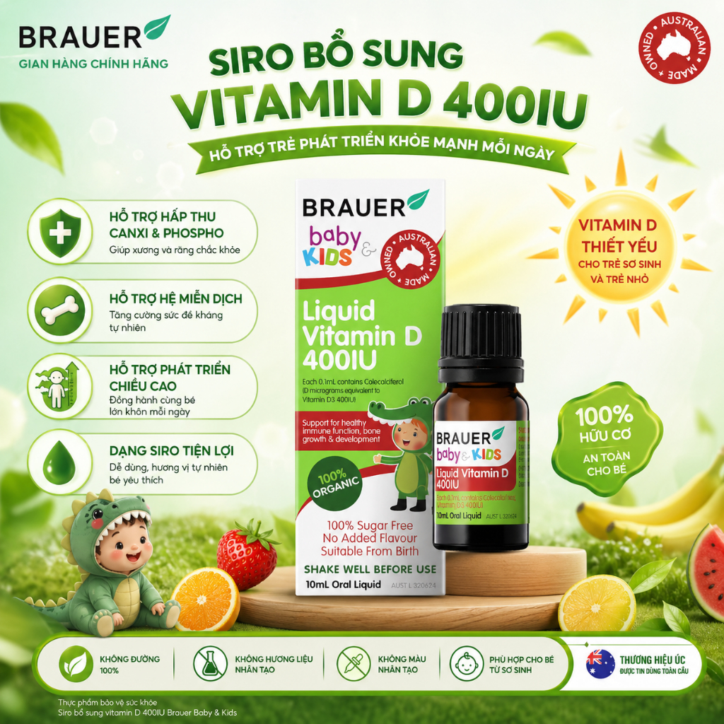 Vitamin D 400IU Dạng Nước Brauer Baby & Kids Liquid Vitamin D 400IU Cho Trẻ Sơ Sinh Và Trẻ Nhỏ (10 m