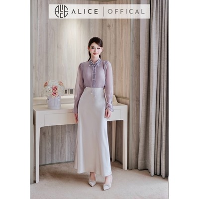 Set Váy Công Sở Thanh Lịch Alice, Áo Tơ Ngọc Trai Cổ Đính Hoa Phối Chân Váy Lụa Dáng Dài Cao Cấp S1086