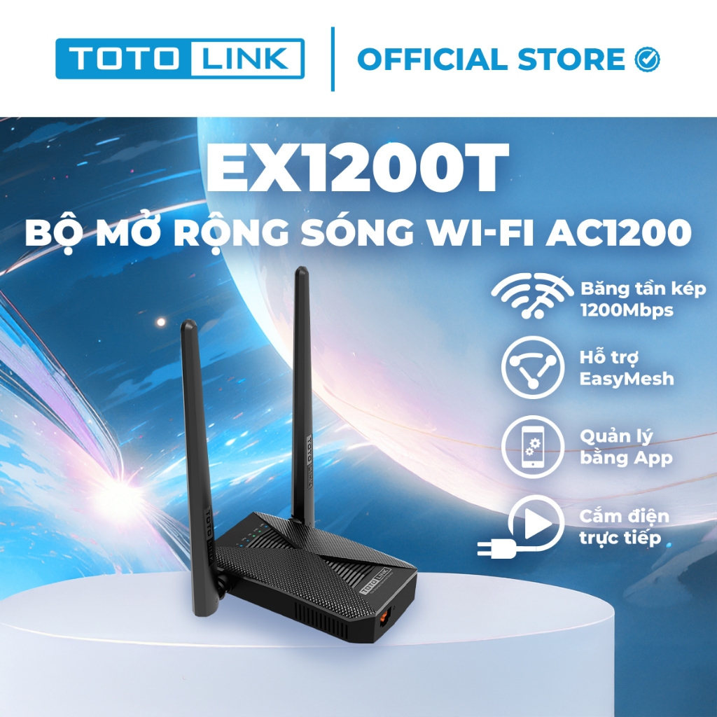 Bộ mở rộng sóng Wi-Fi TOTOLINK EX1200T-V2 băng tần kép chuẩn AC1200Mbps