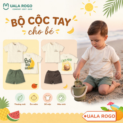 Đồ bộ cộc tay bé trai bé gái Ualarogo 1-5 tuổi vải Cotton co giãn mềm mại thoáng khí A5
