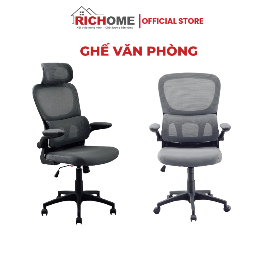 [FURNI HOME]  Ghế văn phòng, ghế gaming công thái học có tựa đầu RICHOME CH1399BK/GR.Thiết kế hiện đ