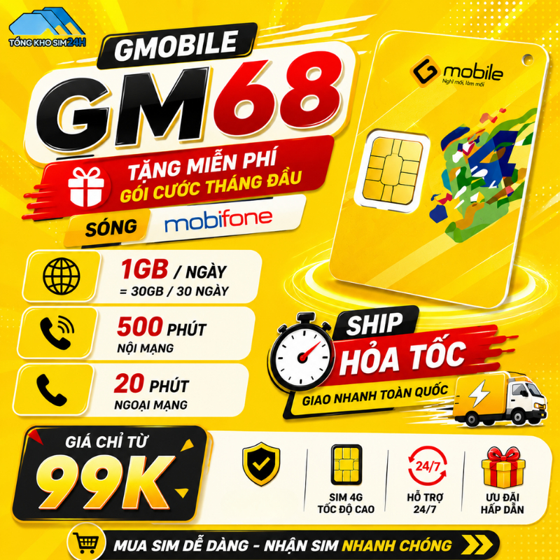 Sim số đẹp Giá Rẻ Gmobile Số Dễ Nhớ đàu 099 Tặng 30Gb Tháng Đầu Khi Kích Hoạt Sim GM68