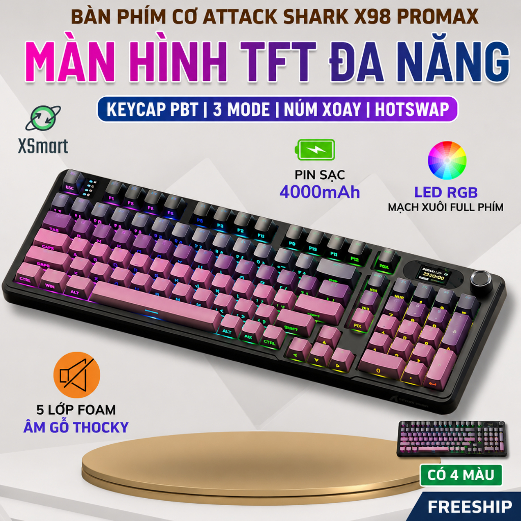 [Top Value] Bàn Phím Cơ Bluetooth Attack Shark X98 PROMAX MoonNight Có Màn Hình LED, 3 Mode Cho Máy 