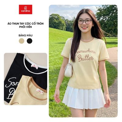 Áo phông nữ CARDINA chất liệu cotton cộc tay cổ tròn phối viền 6ATC29