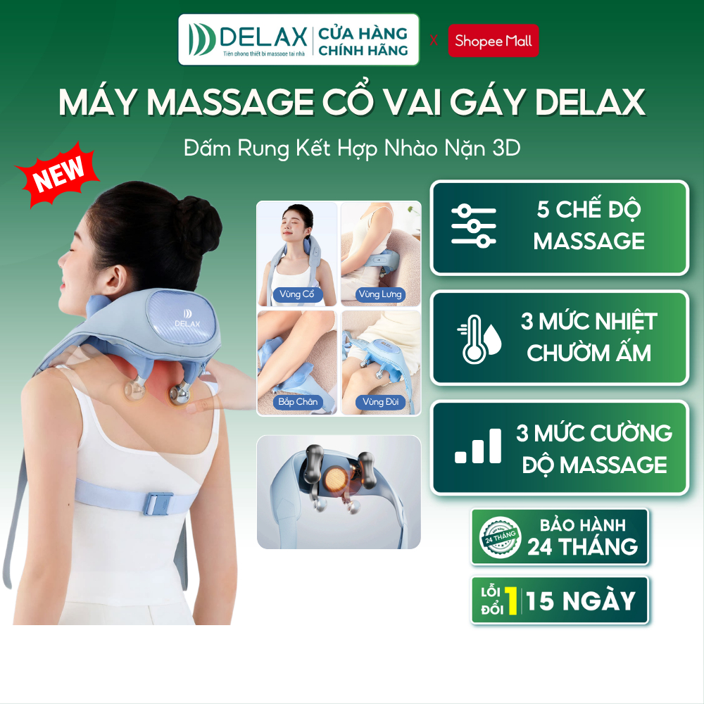 Máy Massage Cổ Vai Gáy DELAX Massage 3D Kết Hợp Đấm Bóp Chườm Ấm Hồng Ngoại Giúp Giảm Đau Mỏi Và Thư