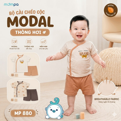 Đồ bộ cho bé sơ sinh Mompa cộc tay 0-9 tháng cúc chéo vải Modal lỗ thoáng thấm hút 880