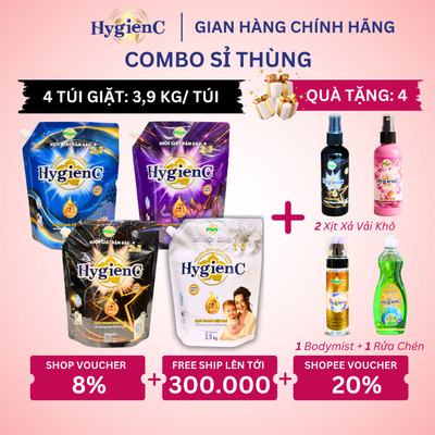 [MỚI] Combo 4 Túi Nước Giặt Đậm Đặc HygienC Plus 3,9 Kg/Túi - Hương Nước Hoa, Sạch Vết Bẩn