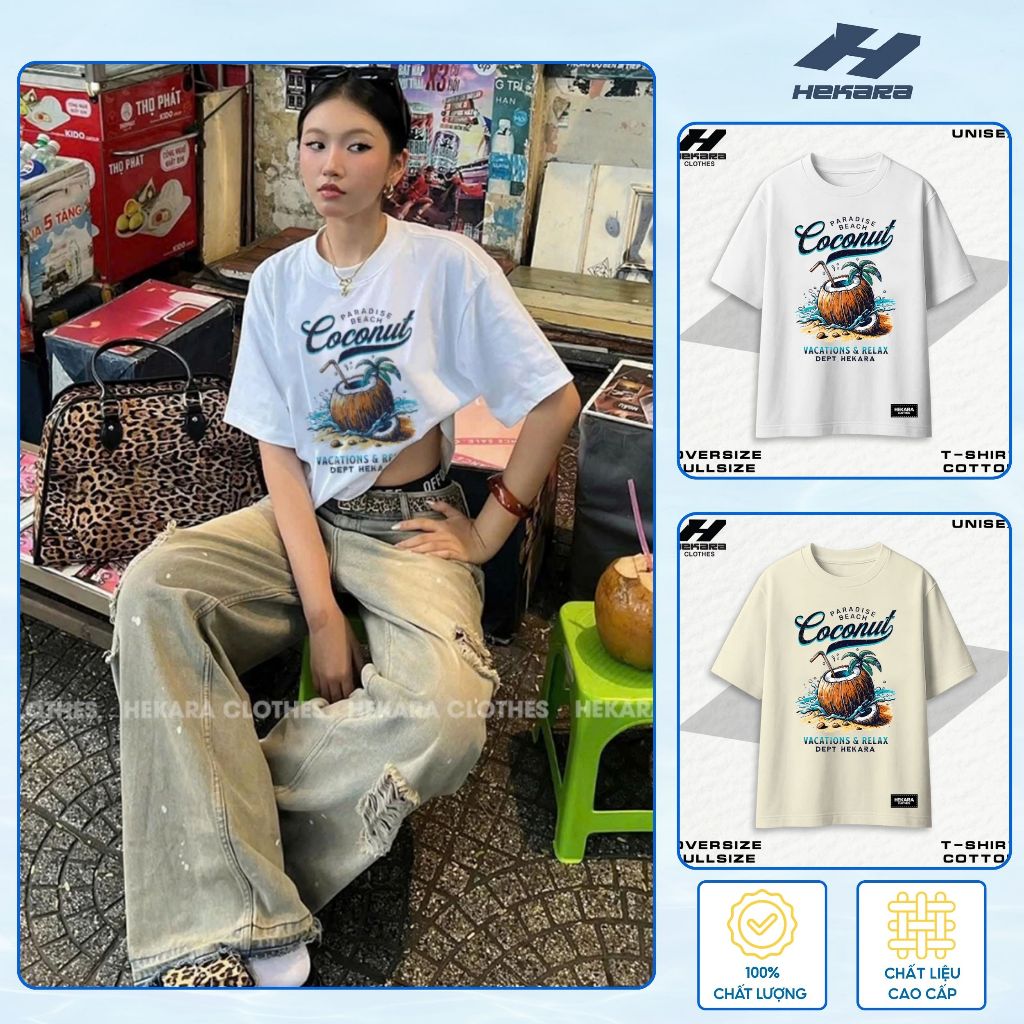Áo Thun Unisex Hekara Clothes Họa Tiết Coconut Summer Vibe Form Oversize Cotton Cao Cấp