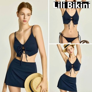 (Fom bé) Bikini 3 mảnh sọc xanh,xám phối áo cột nơ ngực kèm váy kín đáo phong cách Hàn Quốc Lili Bikini