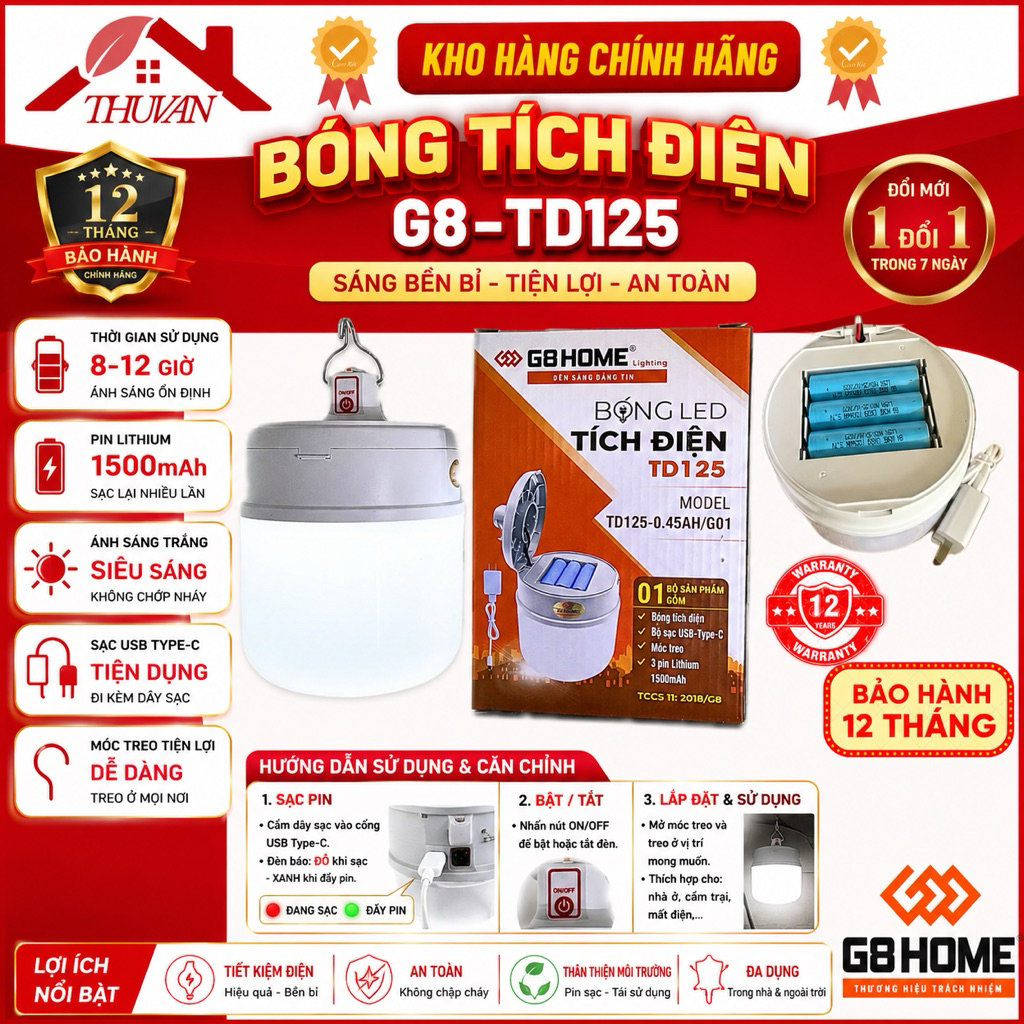 Bóng Led tích điện G8Home TD125 - 3 pin lithium 4500mAh