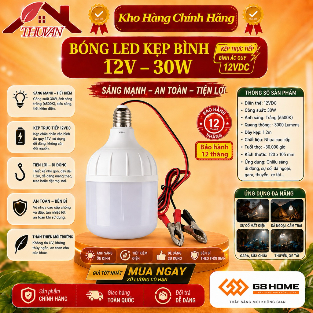 Bóng led kẹp bình 12VDC G8HOME 30W
