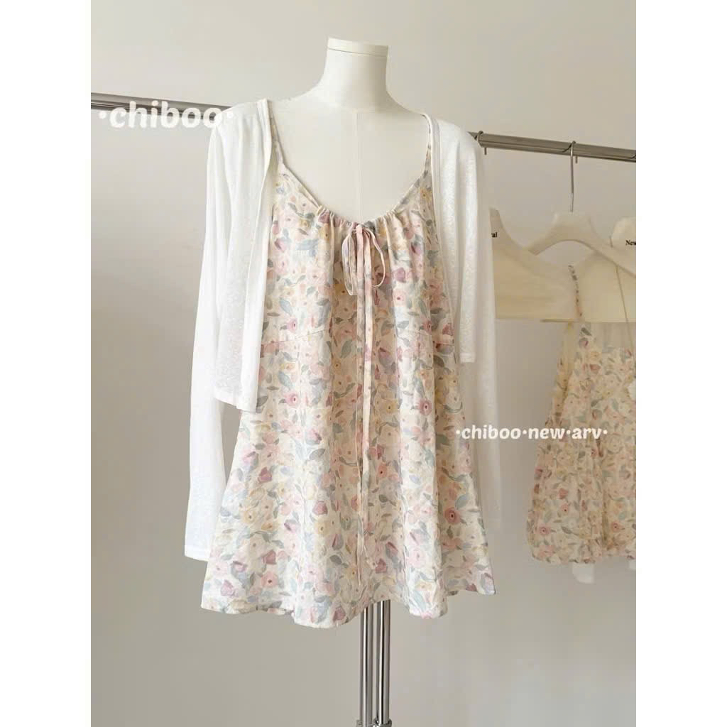 [Hàng sẵn] SET VÁY HAI DÂY BABYDOLL THÔ HOA HỒNG MIX ÁO CARDIGAN TRẮNG MỎNG NGỌT NGÀO | BigBuy360 - bigbuy360.vn