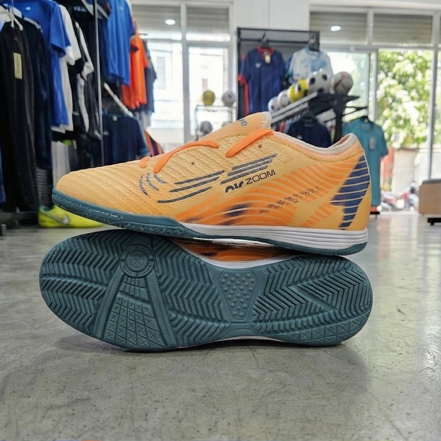 Giày Đá Bóng Futsal Đế IC Siêu Bám Sân, Màu Cam Cổ Dệt - Giày Đá Banh Nam Nữ Đế Bằng, Chuyên Sân Sàn
