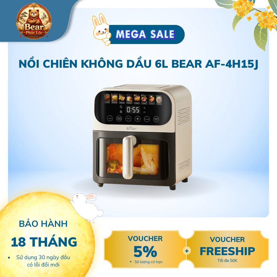 Nồi chiên không dầu 6L Bear AF-4H15J - Bear Phúc Lộc - Bảo hành 18 tháng & sử dụng 30 ngày đầu có lỗ