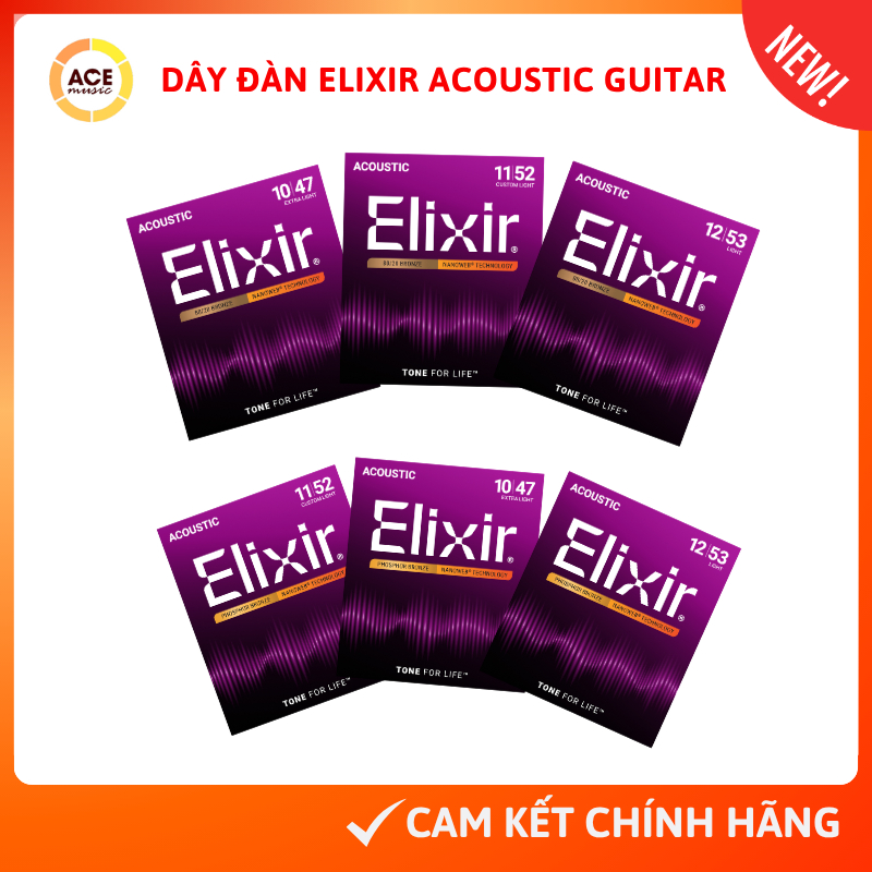 [Chính Hãng] Bộ dây đàn guitar acoustic Elixir Phosphor Bronze 16002, 16027, 16052 - 80/20 Bronze 11