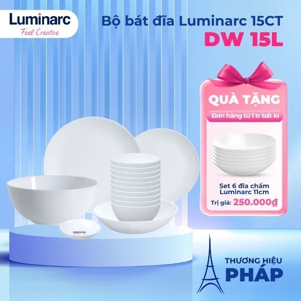 Bộ bát đĩa (tô chén dĩa) thủy tinh Luminarc Diwali 15 chi tiết DW 15I, dùng lò vi sóng, máy rửa bát