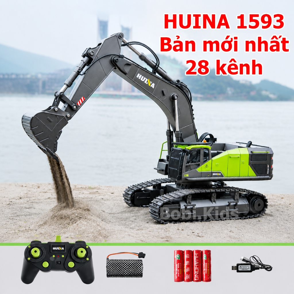 Đồ chơi máy xúc điều khiển từ xa HUINA 1593 phiên bản mới 28 kênh điều khiển cao cấp cỡ lớn giá rẻ, 