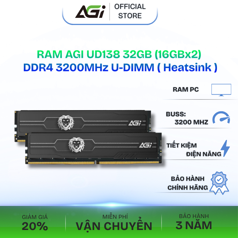 RAM PC AGI 32GB(16GBx2) DDR4 3200MHz U-DIMM (Heatsink) - AGI320A16UD138-DT - Bh chính hãng 3 năm