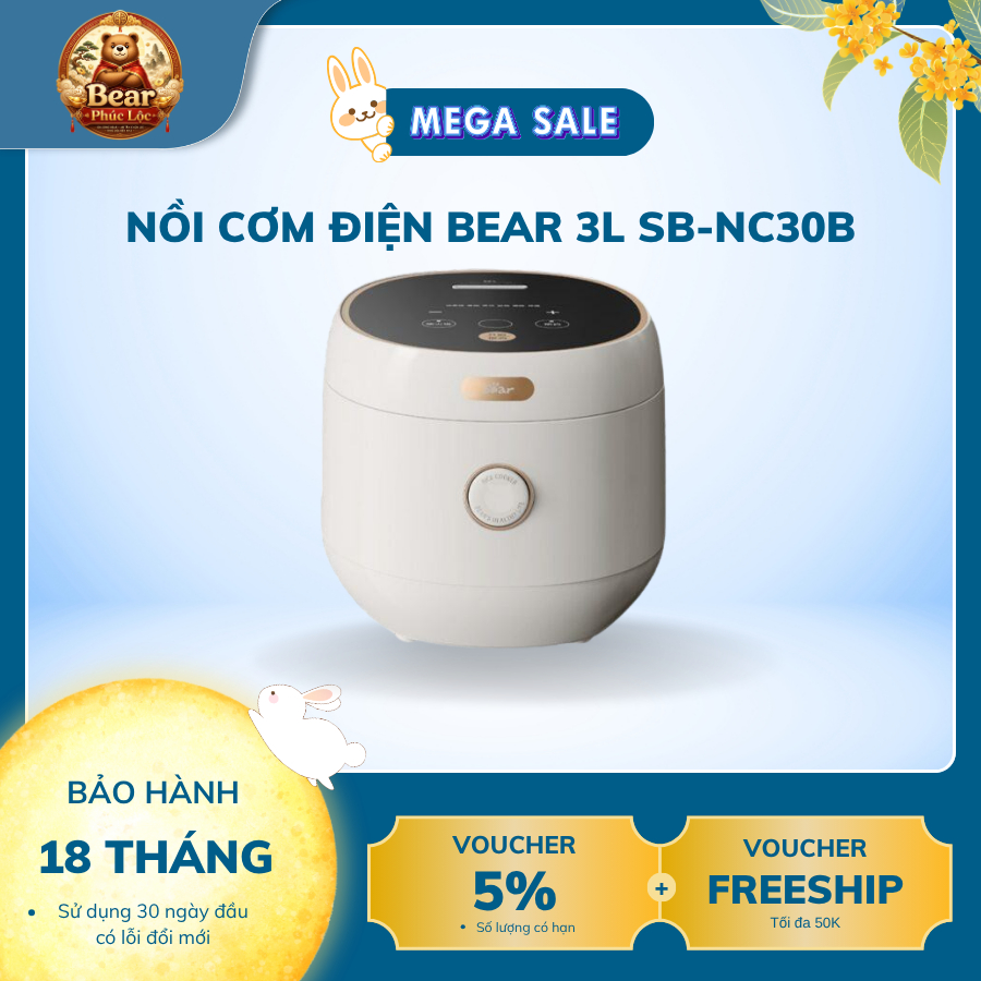 Nồi cơm điện Bear 3L SB-NC30B - Bear Phúc Lộc - Bảo hành 18 tháng & sử dụng 30 ngày đầu có lỗi đổi m