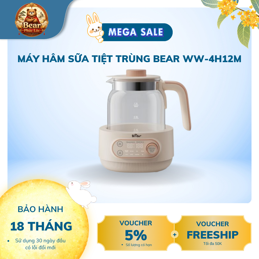 Máy hâm sữa tiệt trùng Bear WW-4H12M - Bear Phúc Lộc - Bảo hành 18 tháng & sử dụng 30 ngày đầu có lỗ
